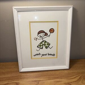 Framed Bathroom Etiquette Stick Figure " Wash Your Hands Print  by Donna 12 X 10